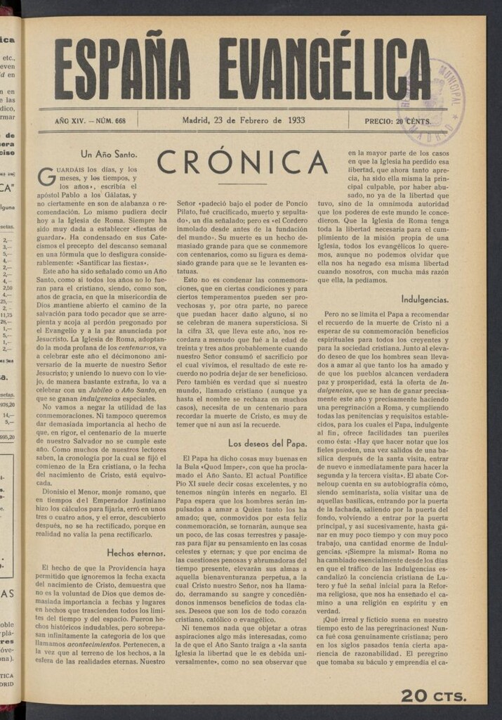 Miniatura de España Evangélica del 23 de febrero de 1933, nº 668