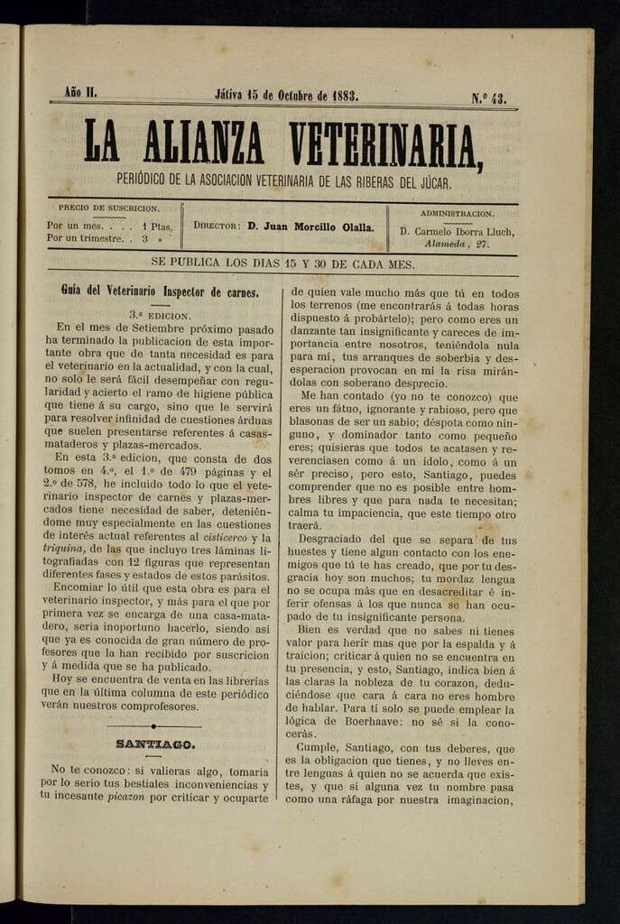 Miniatura de La alianza veterinaria, periódico de la Asociación veterinaria de las riberas del Júcar del 15 de octubre de 1883