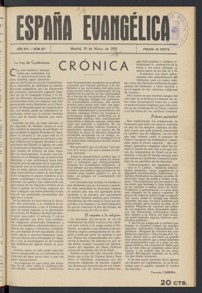 Miniatura de España Evangélica del 30 de marzo de 1933, nº 671