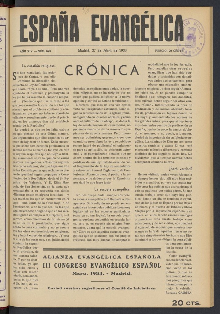 Miniatura de España Evangélica del 27 de abril de 1933, nº 673