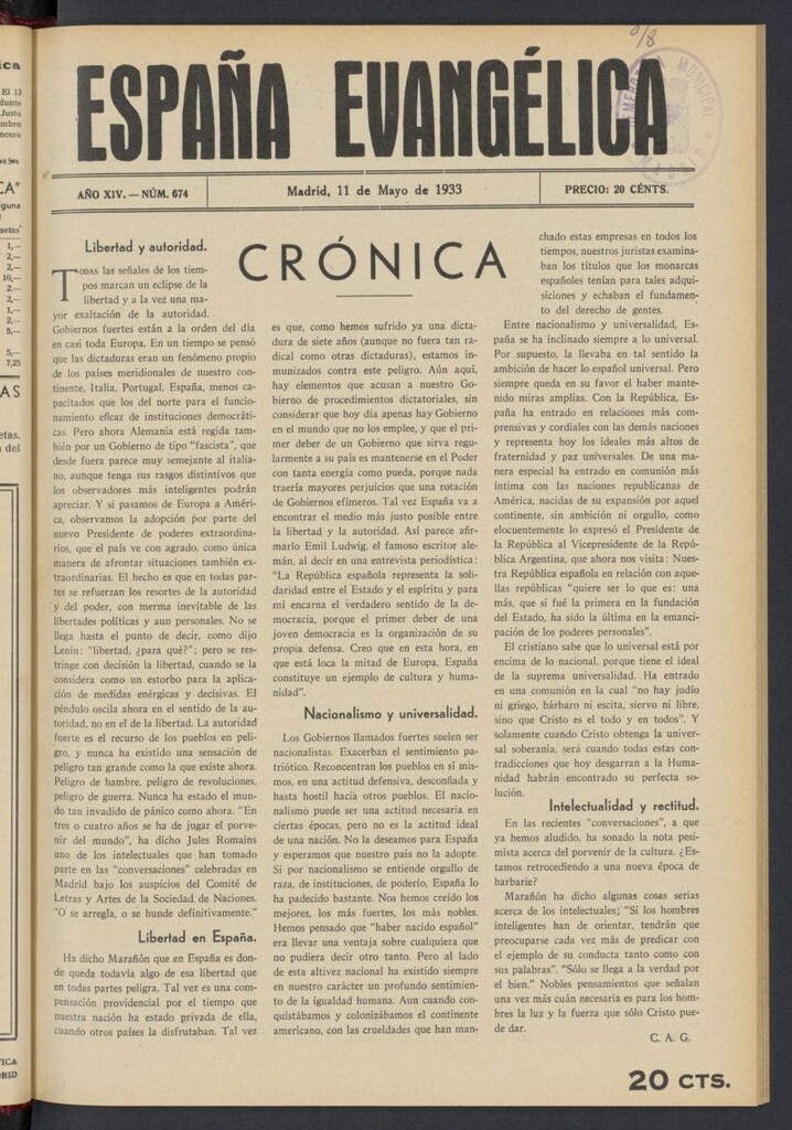 Miniatura de España Evangélica del 11 de mayo de 1933, nº 674