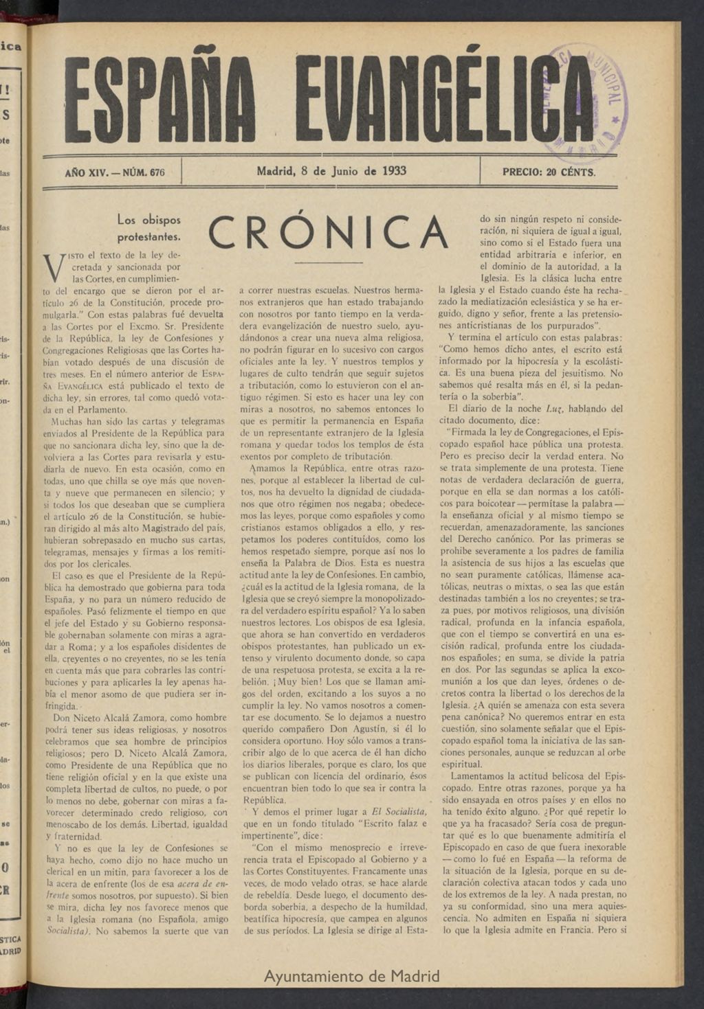 Miniatura de España Evangélica del 8 de junio de 1933, nº 676