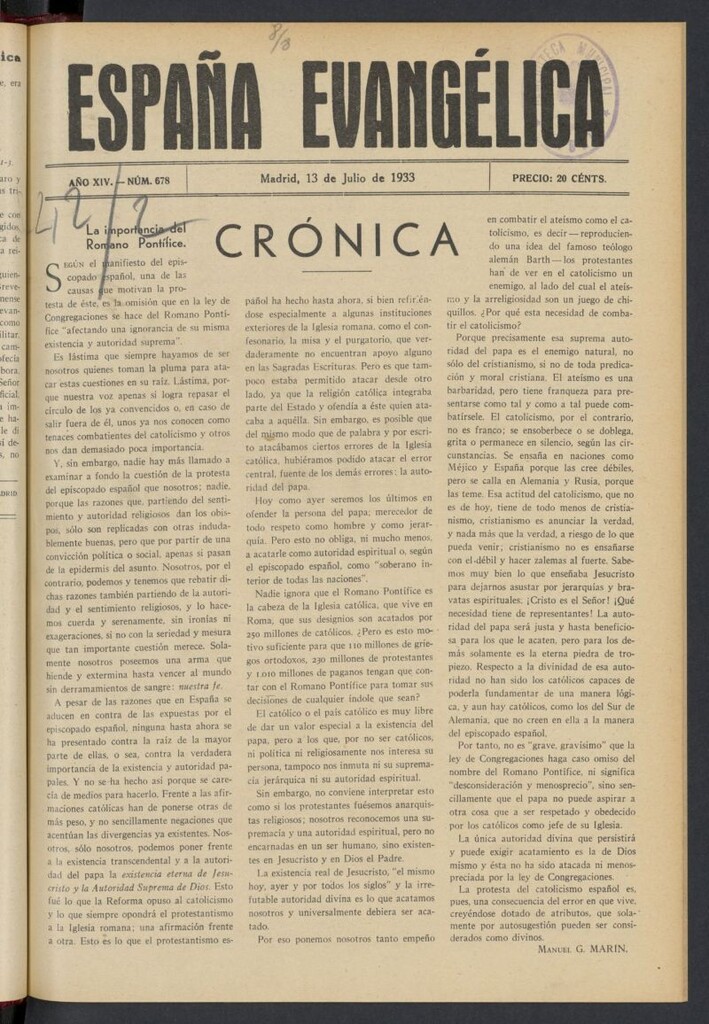 Miniatura de España Evangélica del 13 de julio de 1933, nº 678