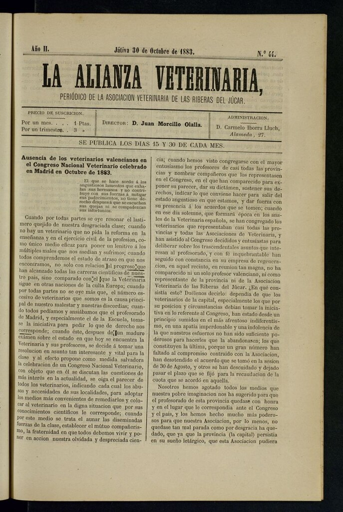Miniatura de La alianza veterinaria, periódico de la Asociación veterinaria de las riberas del Júcar del 30 de octubre de 1883