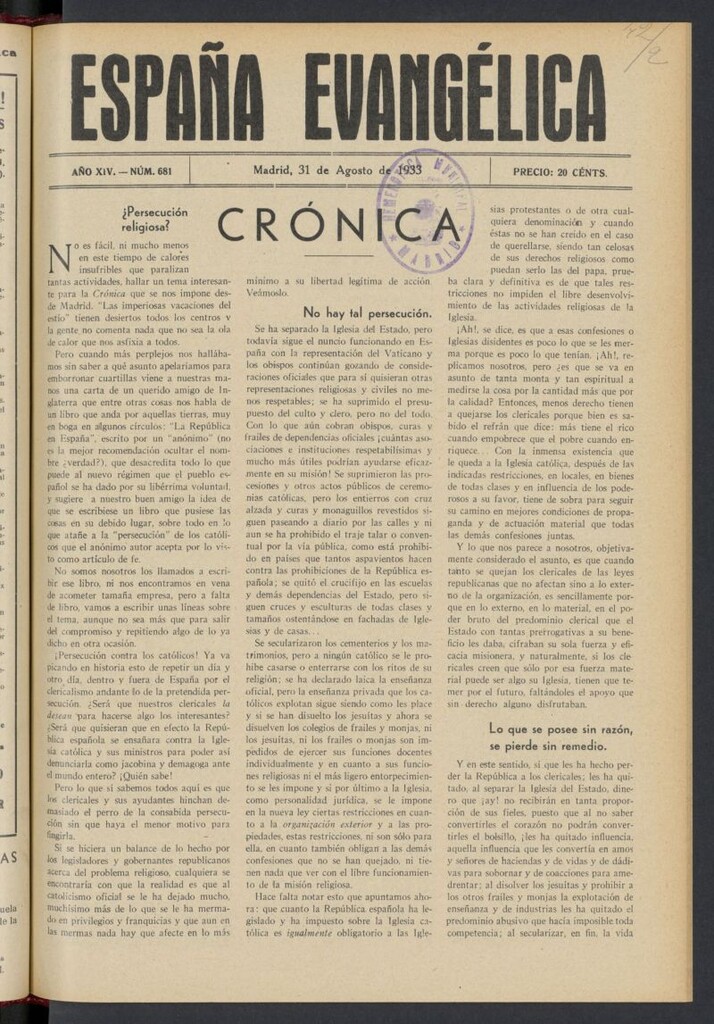 Miniatura de España Evangélica del 31 de agosto de 1933, nº 681