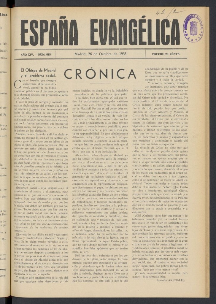Miniatura de España Evangélica del 26 de octubre de 1933, nº 685