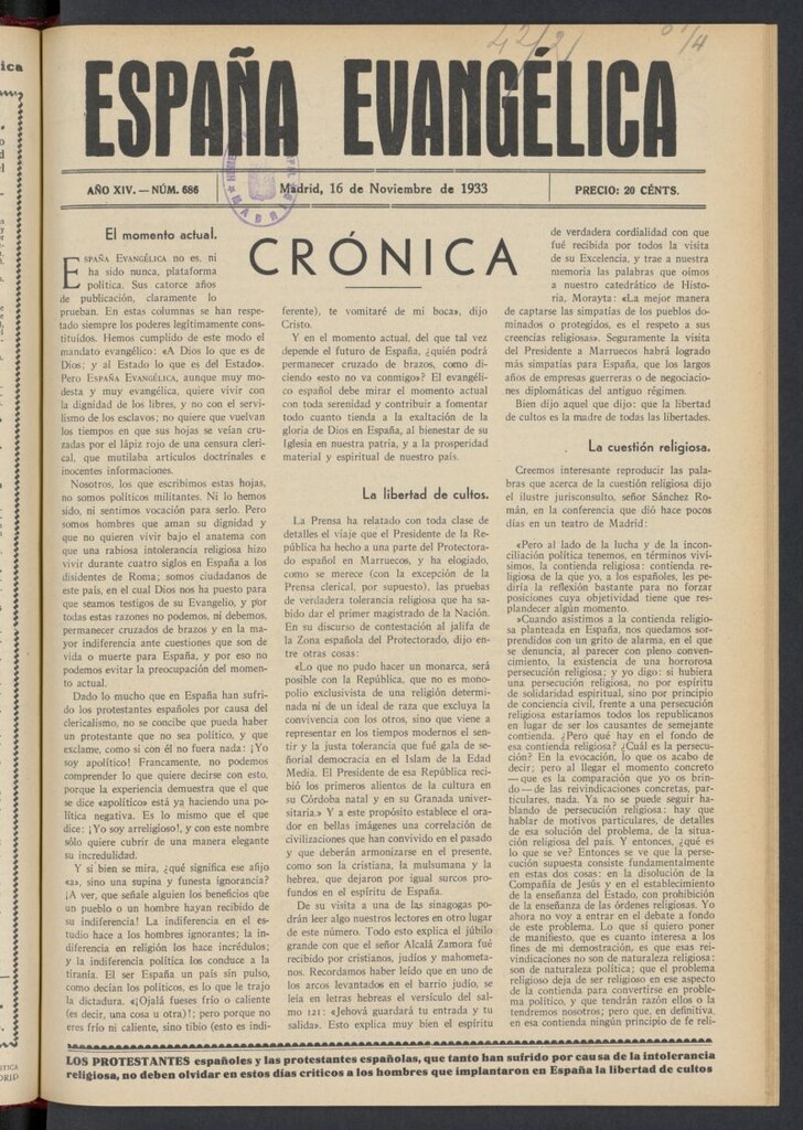 Miniatura de España Evangélica del 16 de noviembre de 1933, nº 686