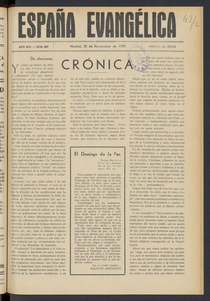 Miniatura de España Evangélica del 30 de noviembre de 1933, nº 687