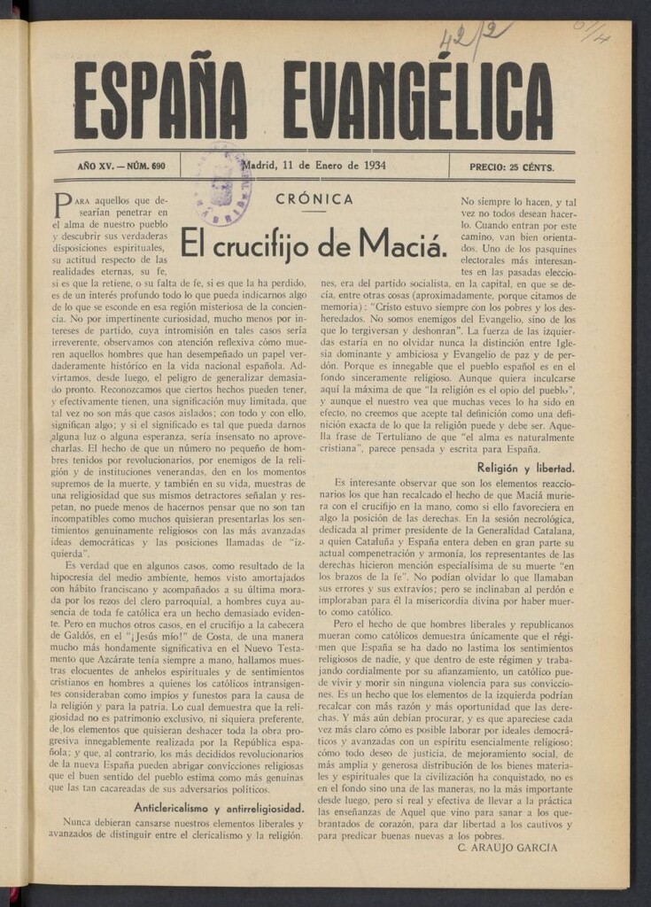 Miniatura de España Evangélica del 11 de enero de 1934, nº 690