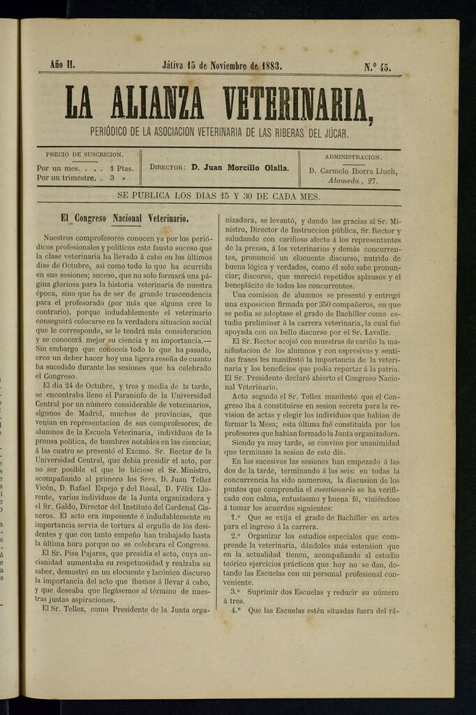 Miniatura de La alianza veterinaria, periódico de la Asociación veterinaria de las riberas del Júcar del 15 de noviembre de 1883