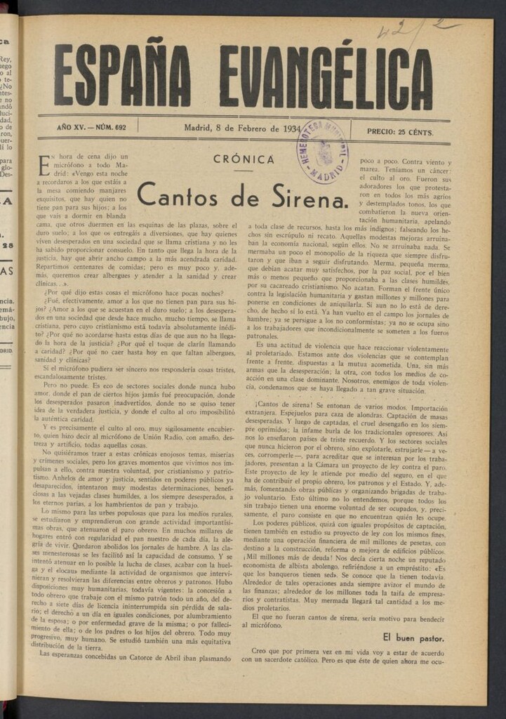 Miniatura de España Evangélica del 8 de febrero de 1934, nº 692