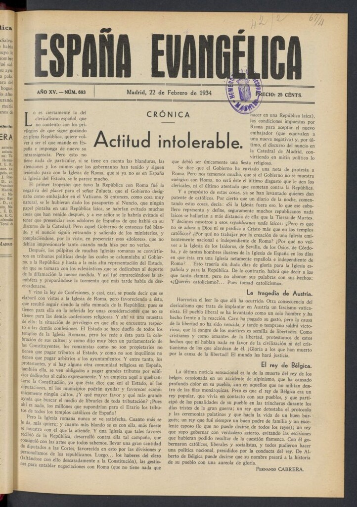 Miniatura de España Evangélica del 22 de febrero de 1934, nº 693