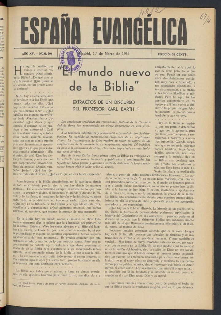 Miniatura de España Evangélica del 1 de marzo de 1934, nº 694