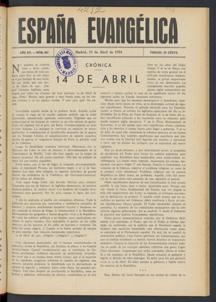 Miniatura de España Evangélica del 12 de abril de 1934, nº 697