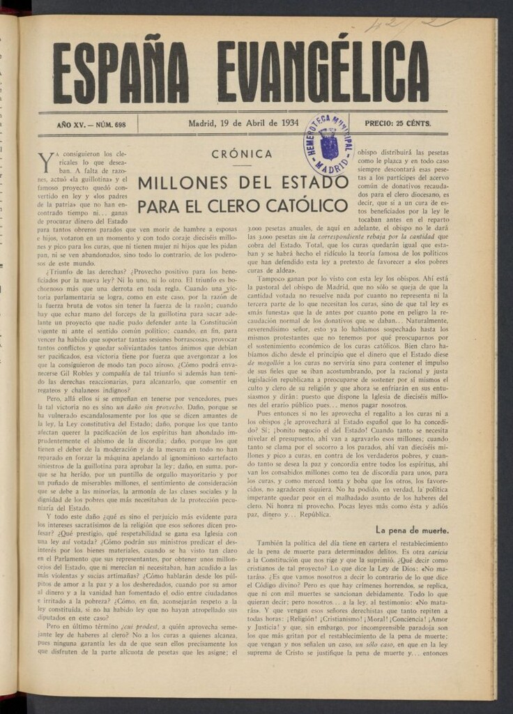 Miniatura de España Evangélica del 19 de abril de 1934, nº 698
