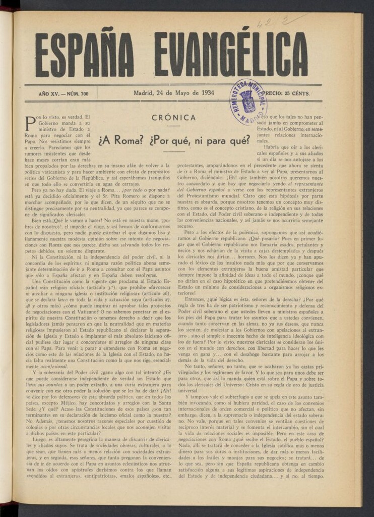 Miniatura de España Evangélica del 24 de mayo de 1934, nº 700