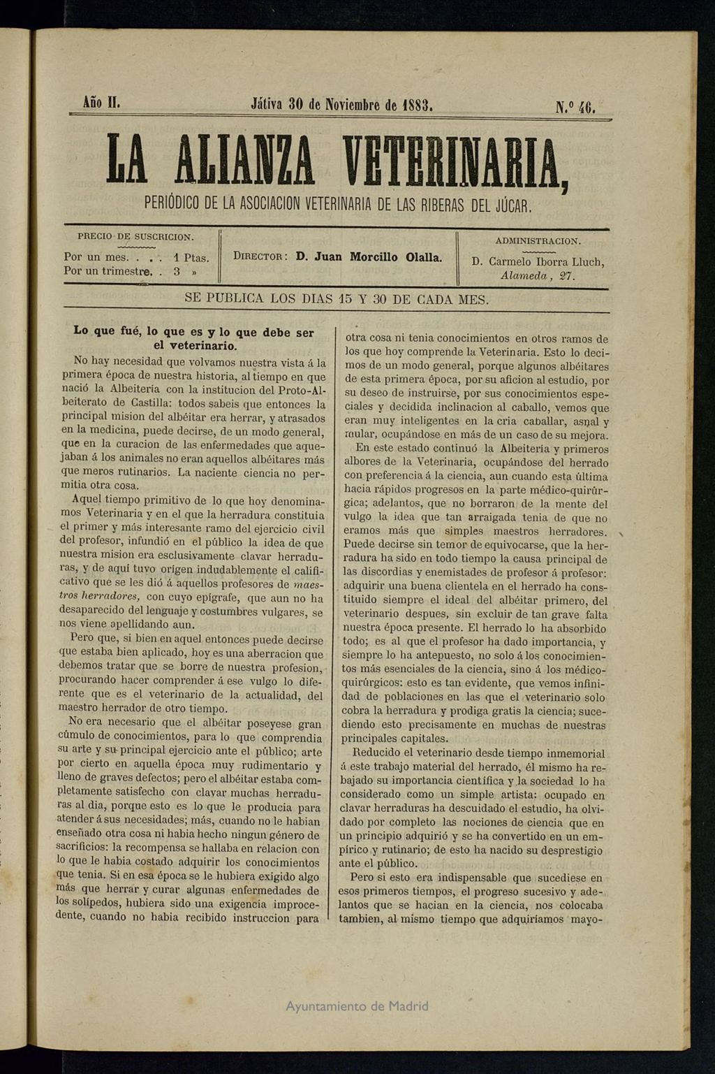 Miniatura de La alianza veterinaria, periódico de la Asociación veterinaria de las riberas del Júcar del 30 de noviembre de 1883