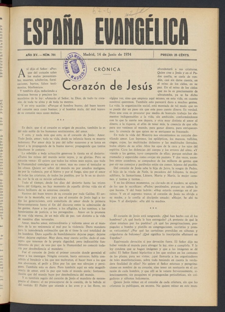 Miniatura de España Evangélica del 14 de junio de 1934, nº 701