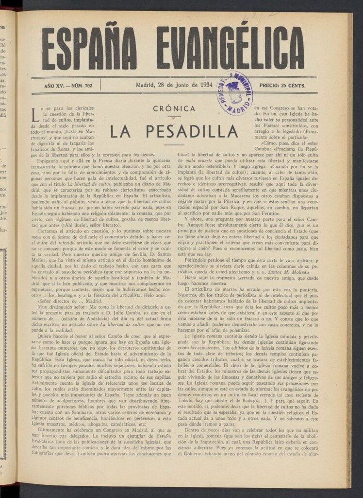 Miniatura de España Evangélica del 28 de junio de 1934, nº 702