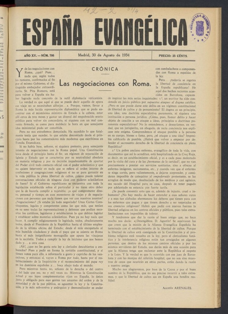 Miniatura de España Evangélica del 30 de agosto de 1934, nº 706
