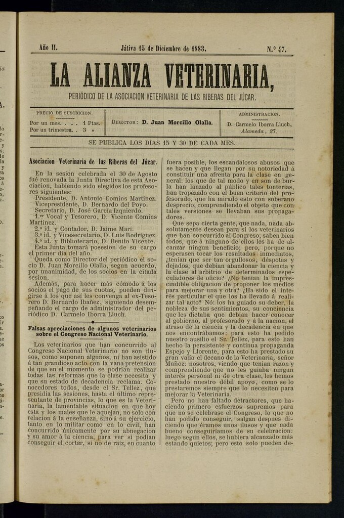 Miniatura de La alianza veterinaria, periódico de la Asociación veterinaria de las riberas del Júcar del 15 de diciembre de 1883