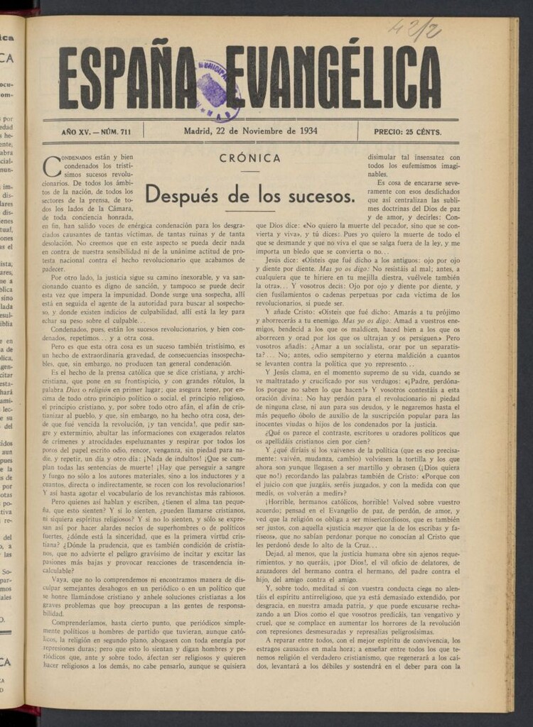 Miniatura de España Evangélica del 22 de noviembre de 1934, nº 711