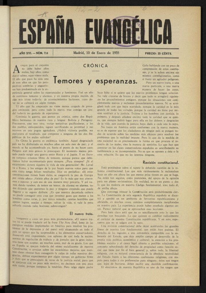 Miniatura de España Evangélica del 10 de enero de 1935, nº 714