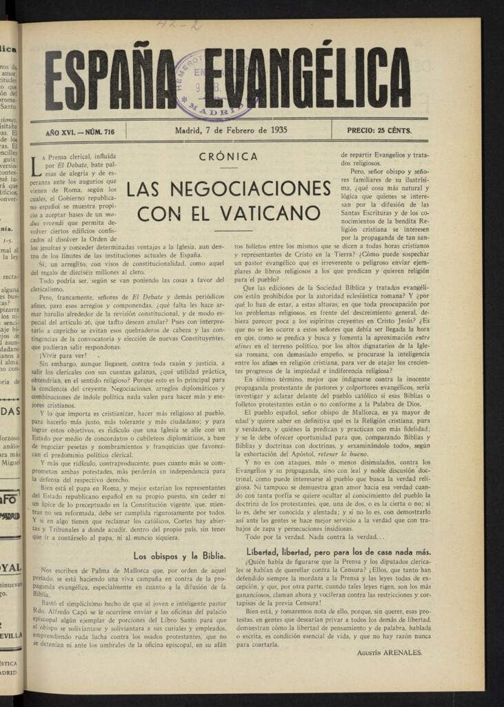 Miniatura de España Evangélica del 7 de febrero de 1935, nº 716