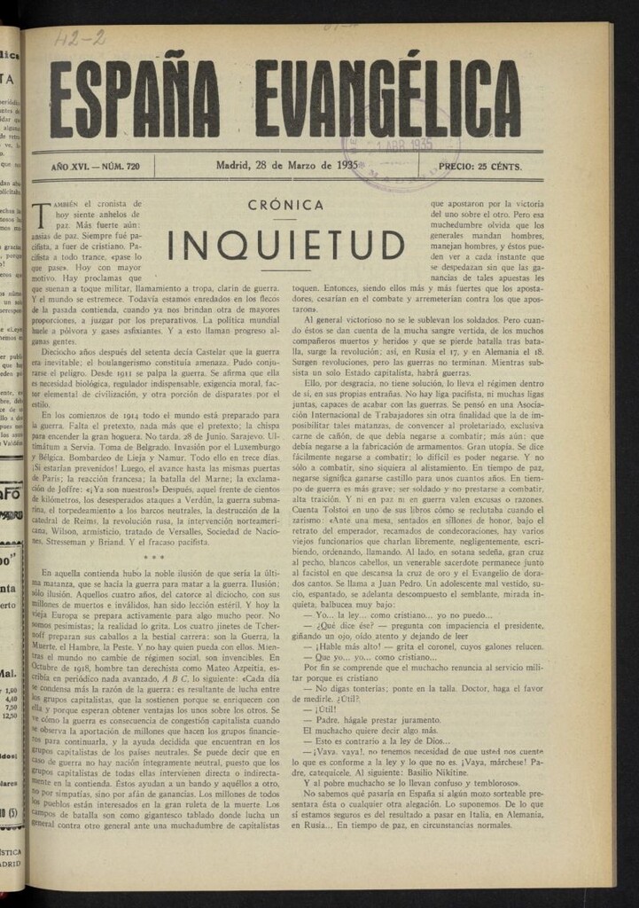 Miniatura de España Evangélica dl 28 de marzo de 1935, nº 720