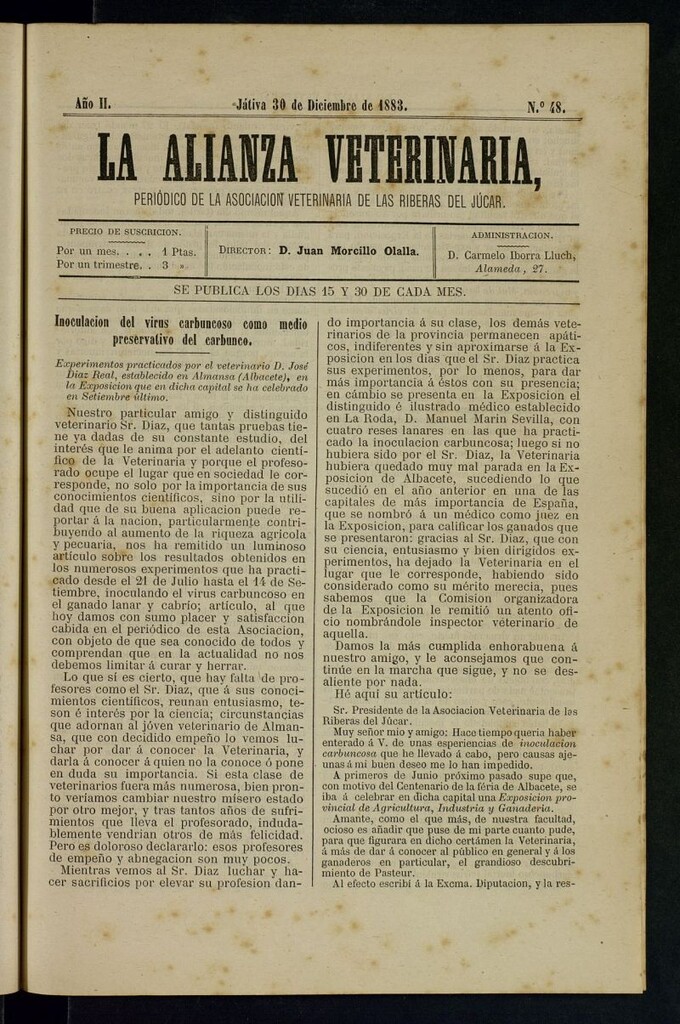 Miniatura de La alianza veterinaria, periódico de la Asociación veterinaria de las riberas del Júcar del 30 de diciembre de 1883