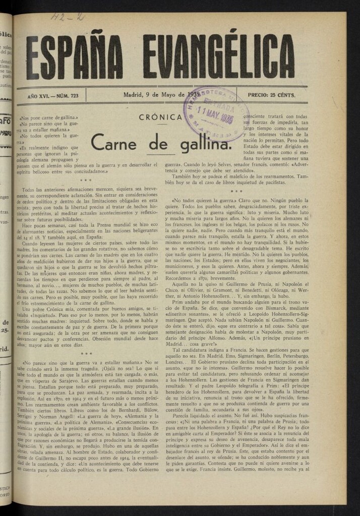 Miniatura de España Evangélica del 9 de mayo de 1935, nº 723