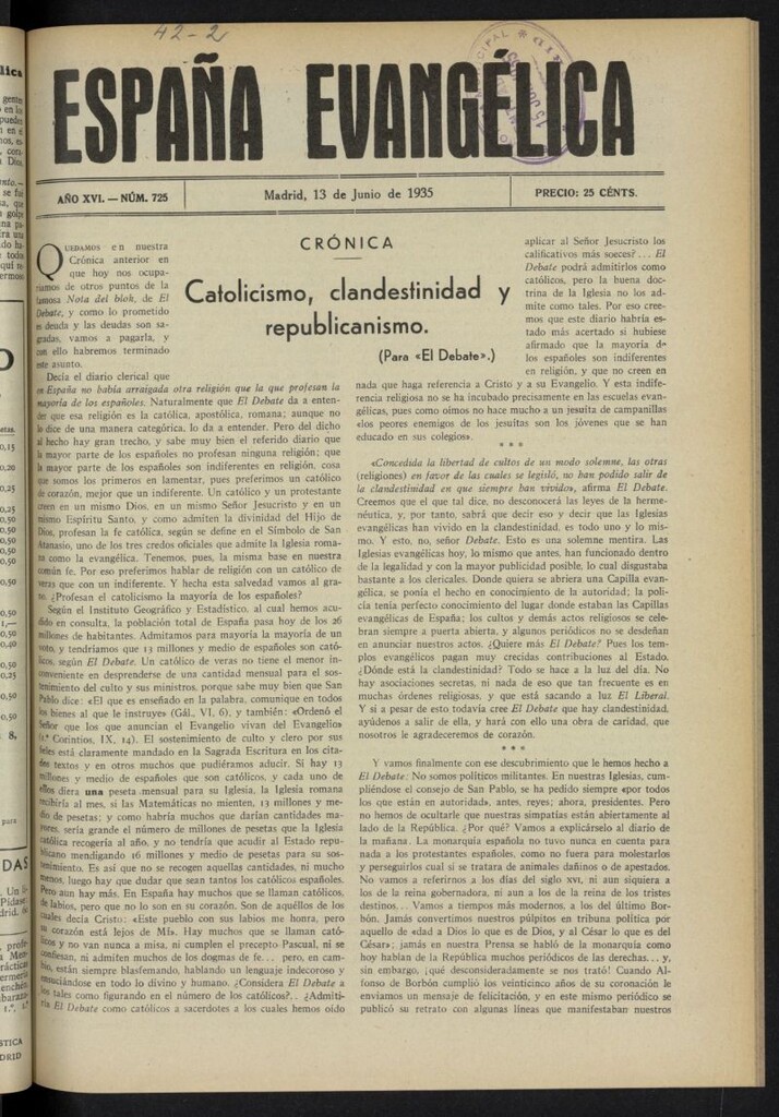 Miniatura de España Evangélica del 13 de junio de 1935, nº 725
