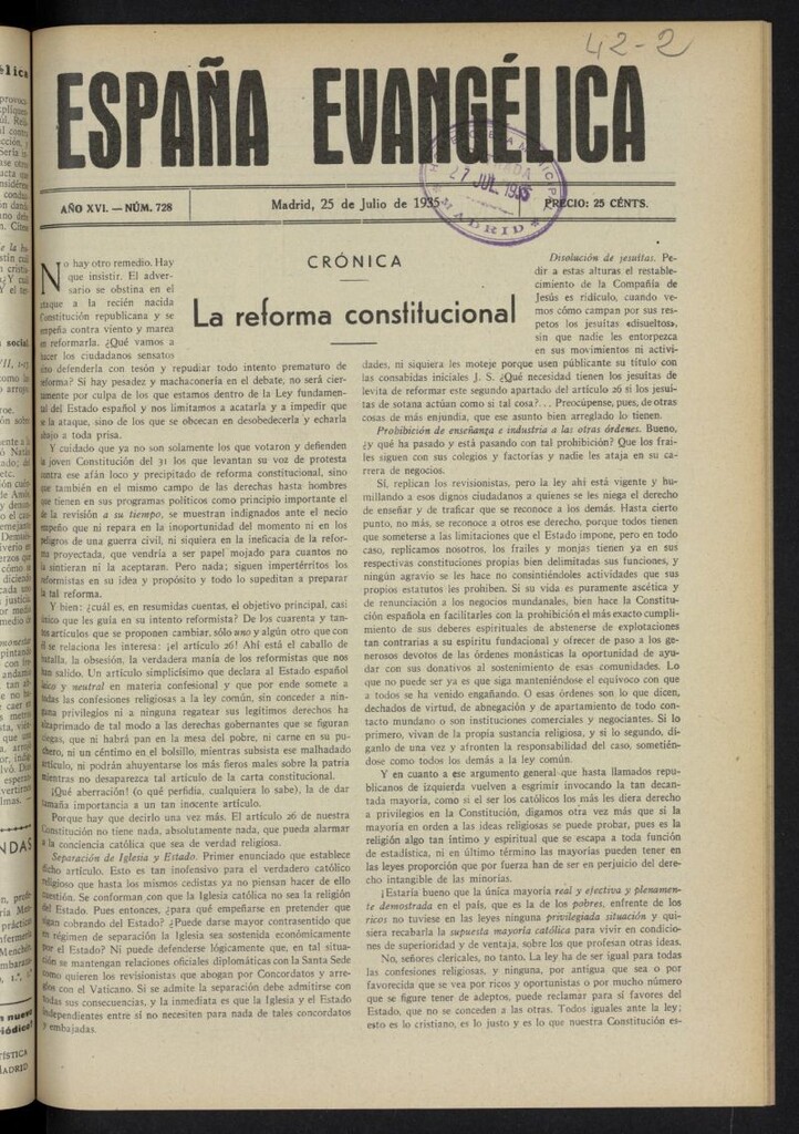 Miniatura de España Evangélica del 25 de julio de 1935, nº 728