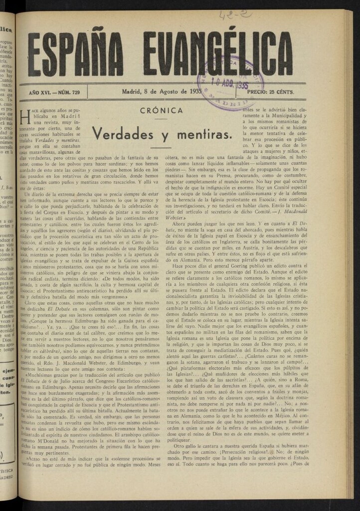 Miniatura de España Evangélica del 8 de agosto de 1935, nº 729