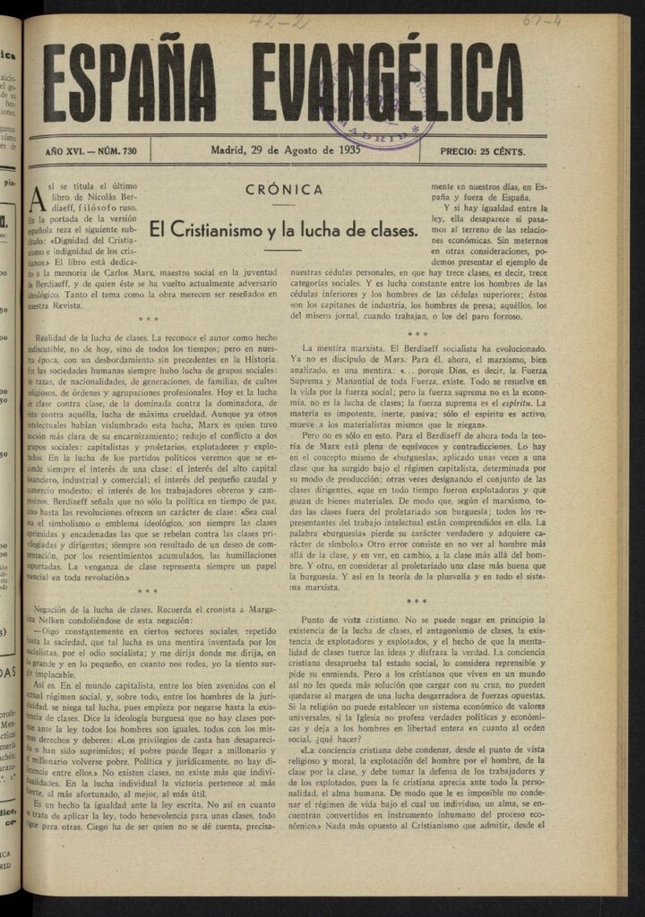 Miniatura de España Evangélica del 29 de agosto de 1935, nº 730
