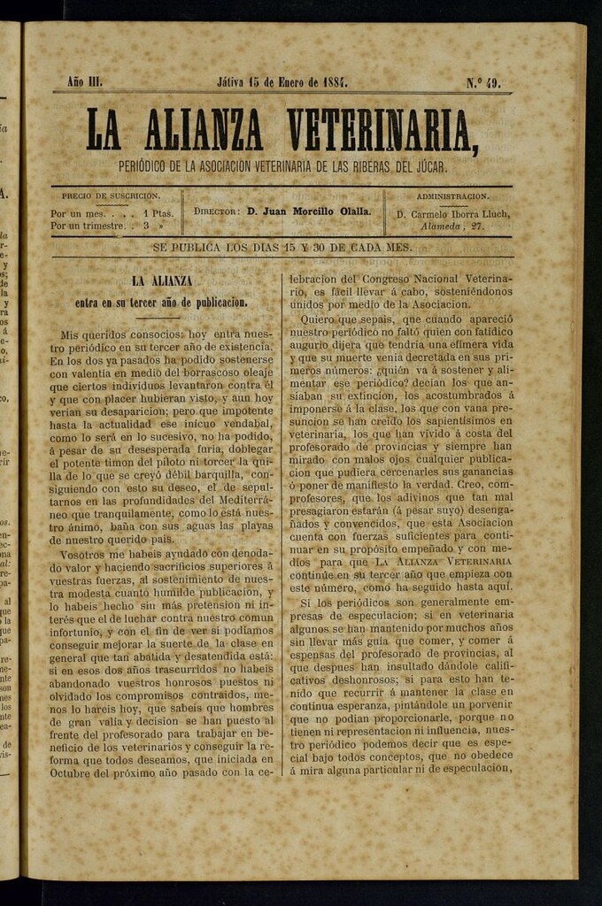 Miniatura de La alianza veterinaria, periódico de la Asociación veterinaria de las riberas del Júcar del 15 de enero de 1884