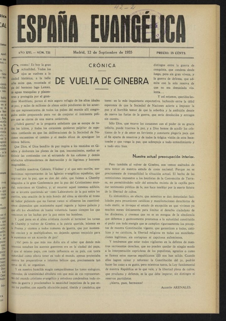 Miniatura de España Evangélica del 12 de septiembre de 1935, nº 731