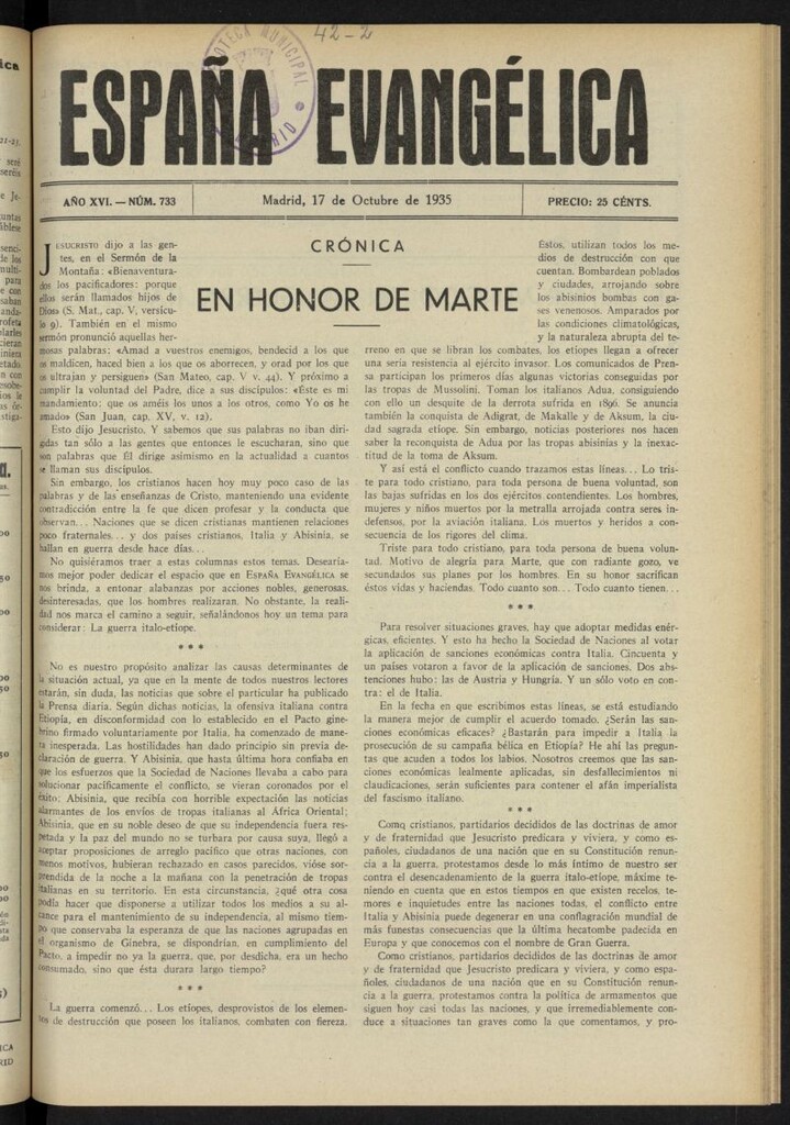 Miniatura de España Evangélica del 17 de octubre de 1935, nº 733