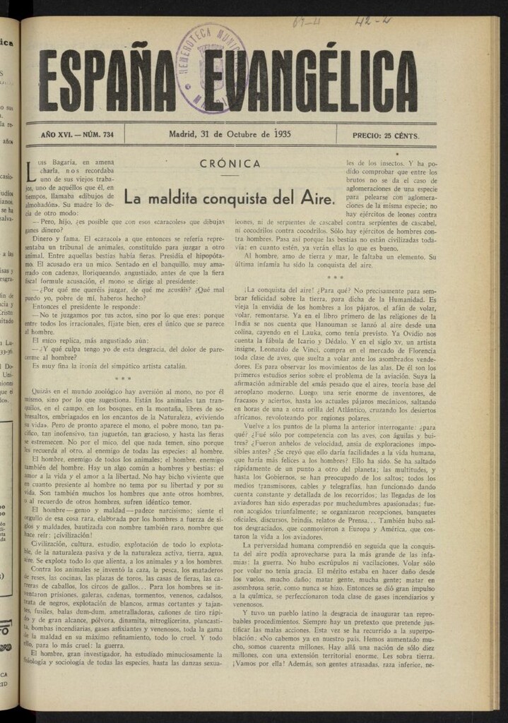 Miniatura de España Evangélica del 31 de octubre de 1935, nº 734