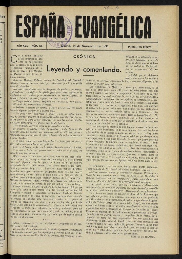 Miniatura de España Evangélica del 14 de noviembre de 1935, nº 735