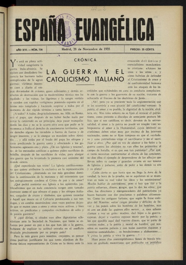 Miniatura de España Evangélica del 28 de noviembre de 1935, nº 736