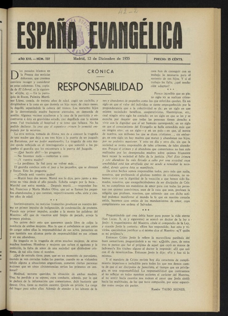 Miniatura de España Evangélica del 12 de diciembre de 1935, nº 737