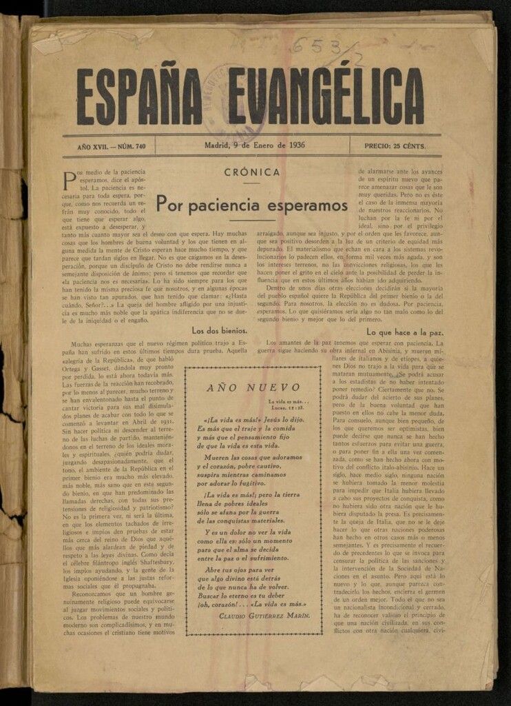 Miniatura de España Evangélica del 9 de enero de 1936, nº 740