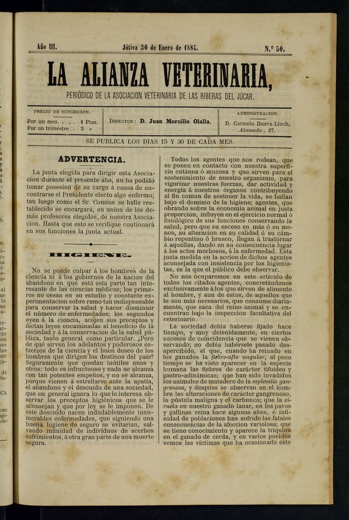 Miniatura de La alianza veterinaria, periódico de la Asociación veterinaria de las riberas del Júcar del 30 de enero de 1884