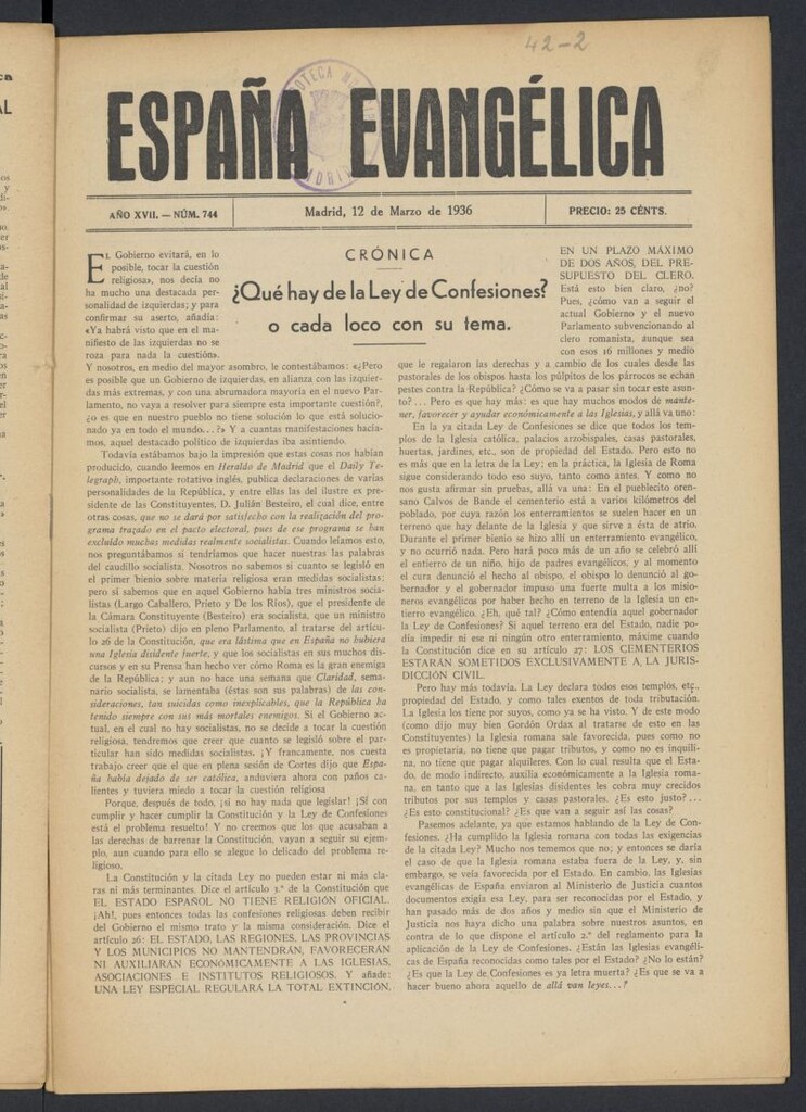 Miniatura de España Evangélica del 12 de marzo de 1936, nº 744