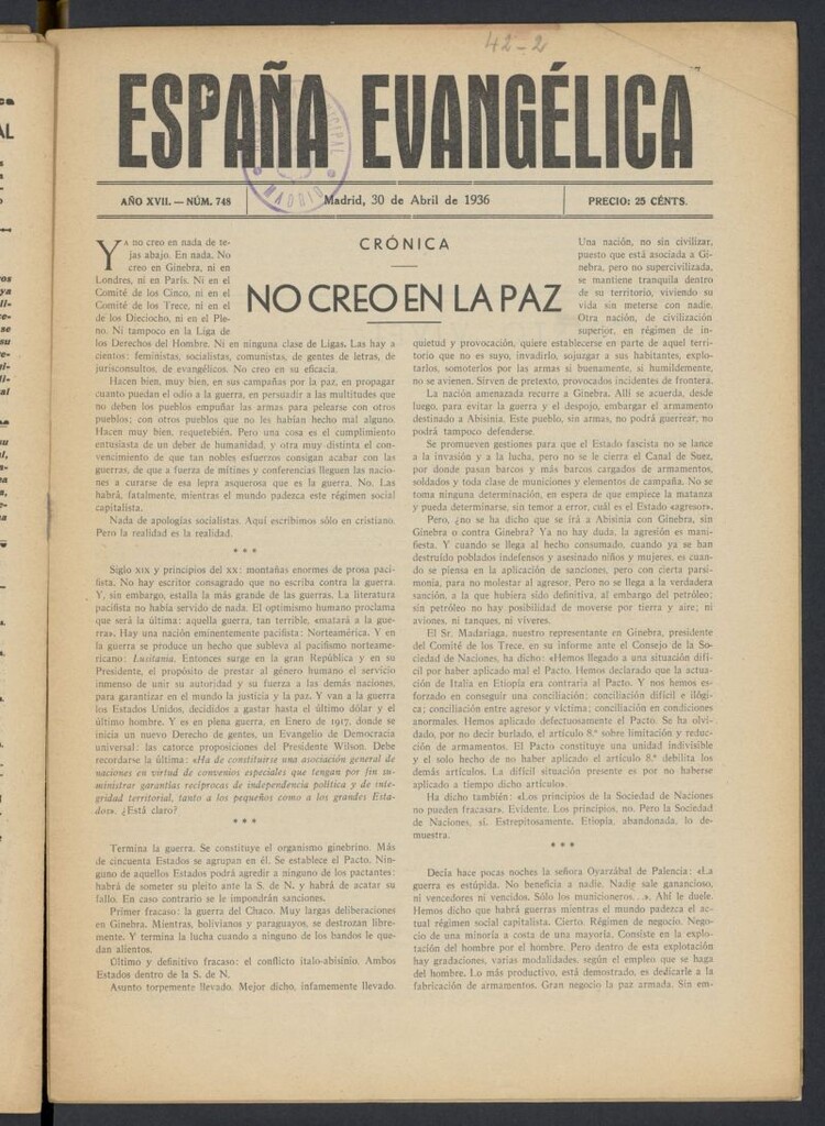 Miniatura de España Evangélica del 30 de abril de 1936, nº 748