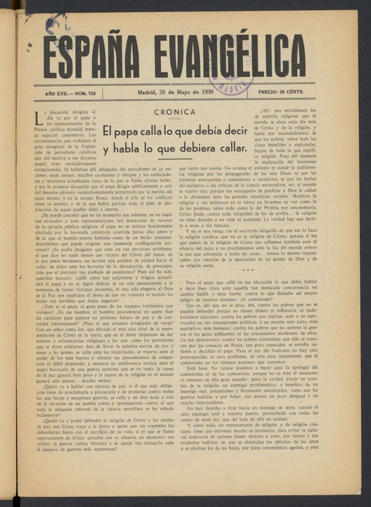 Miniatura de España Evangélica del 28 de mayo de 1936, nº 750