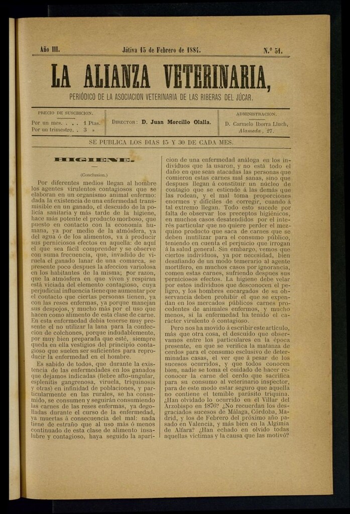 Miniatura de La alianza veterinaria, periódico de la Asociación veterinaria de las riberas del Júcar del 15 de febrero de 1884