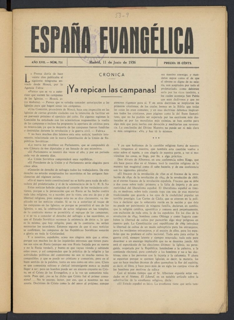 Miniatura de España Evangélica del 11 de junio de 1936, nº 751