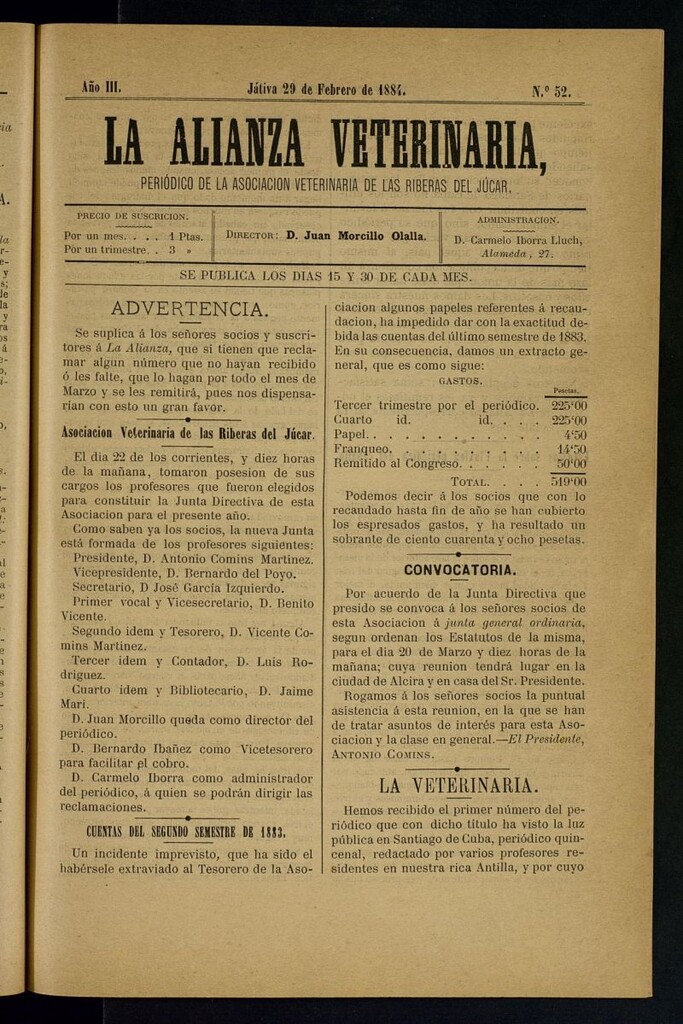 Miniatura de La alianza veterinaria, periódico de la Asociación veterinaria de las riberas del Júcar del 29 de febrero de 1884